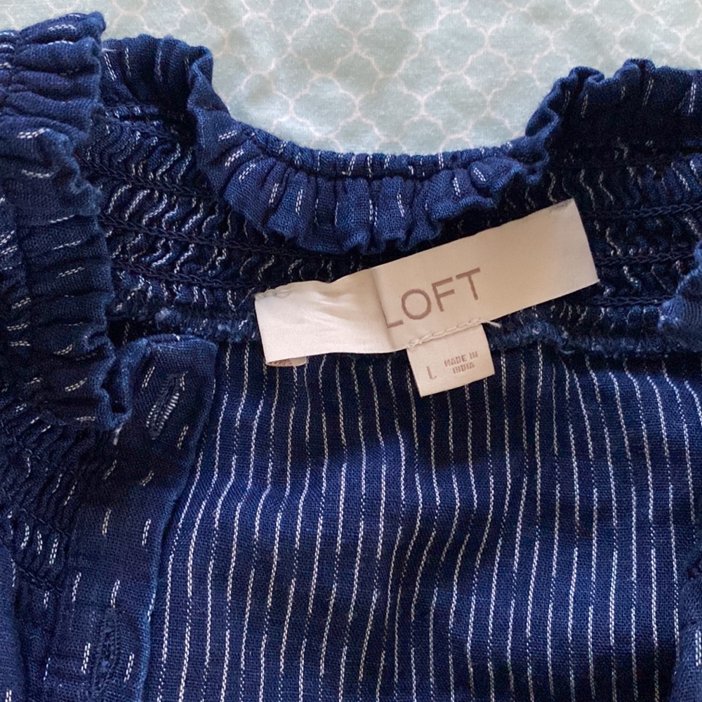 Gently Worn Loft Denim Button Down Ruffle Blouse - image 2